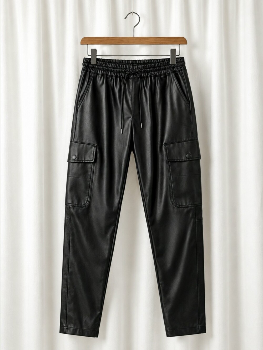 Zara Sleek Jet Black Tapered Cargo Style Soft Faux Leather Edgy Urban Chic Pants